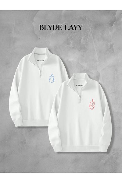 BLYDE LAYY Fire and Water White 3 Thread Half Zipper Double Sweatshirt Lover Couple Combination