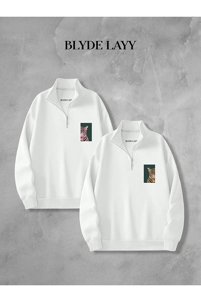 BLYDE LAYY Leopard Design White 3-Thread Half Zipper Double Sweatshirt Lover Couple Combination