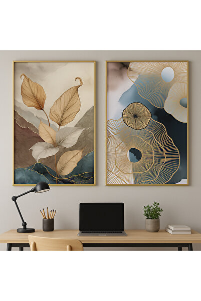 seninürünün Necturne - Gerçek Cama Baskı Gold Alüminyum Metal Çerçeveli 2'li Modern Tablo