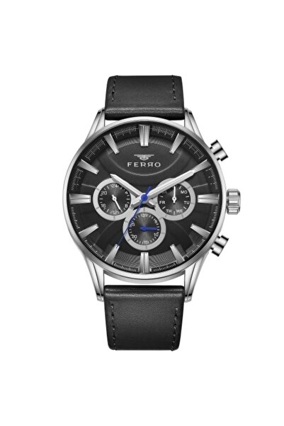 FERRO Black Leather Cord Men's Wristwatch Fm11180B-J2 Functions Active 3Atm Waterproof Gift Package