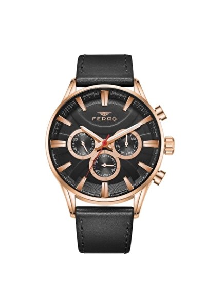 FERRO Black Leather Cord Men's Wristwatch Fm11180B-R Functions Active 3Atm Waterproof with Giftpackaging