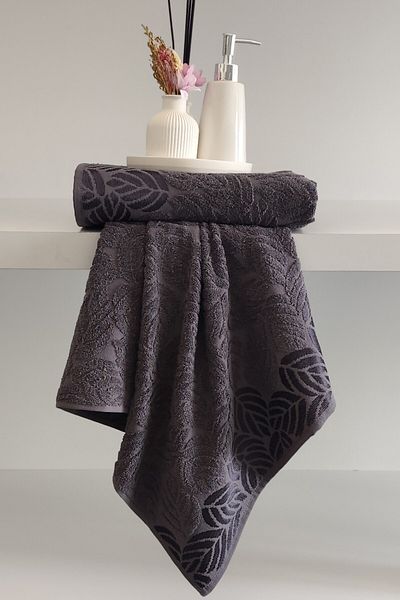 Sevim Pachet de 2 prosoape pentru mâini din bumbac 100% cu model de frunze jacquard-50x90cm-antracit