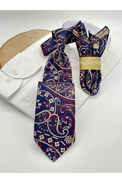 Gutiero Navy Blue Shawl Patterned Classic Tie with Handkerchief