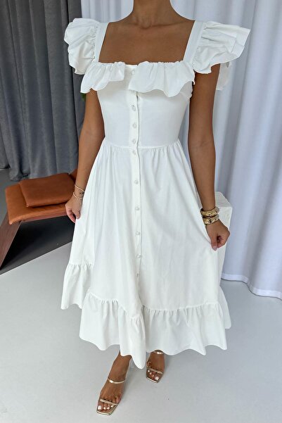 Mine Tan Butik Square Neck Ruffle Detailed Long Dress - White