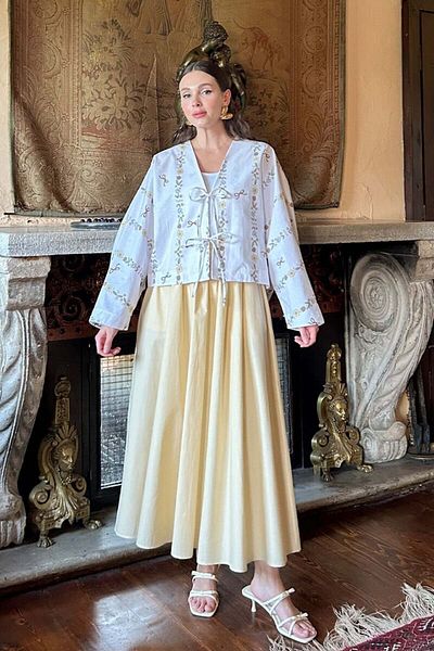 Ceylan Otantik Kurdale Detail 2 Bow Jacket & Butter Yellow Balloon Skirt Set