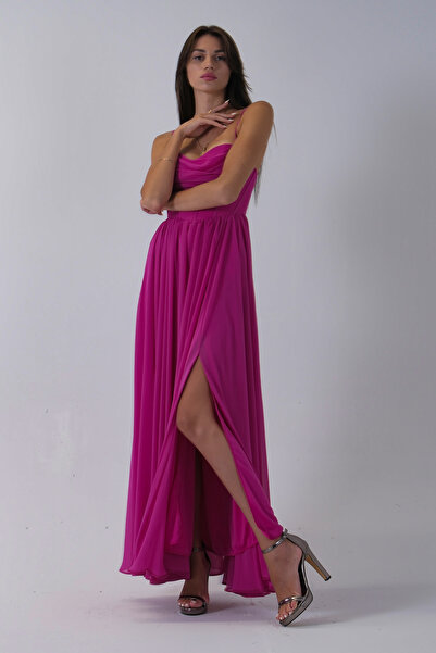 Feminist Askılı Drapeli Uzun Şifon Abiye Fuşya 08020032