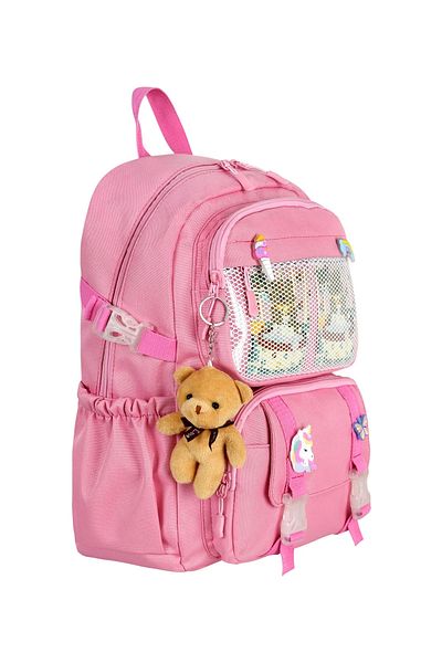 KAFF Pink Korean Style Multi-Pocket Primary School Children's Backpack with Teddy Bear Accessories -25002