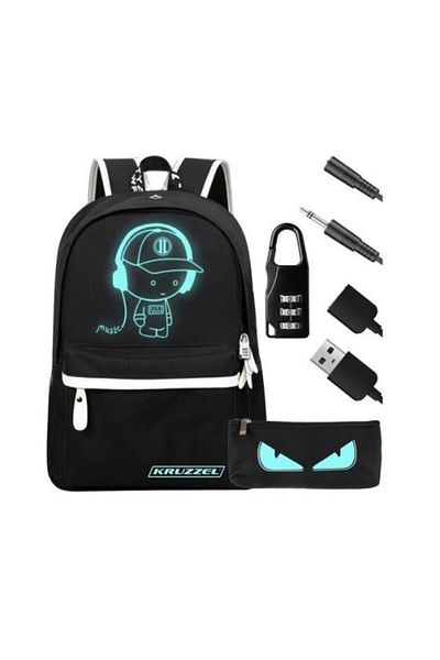 Mercaton Ghiozdan/rucsac smart, fosforescent, impermeabil, cablu USB, mini jack, lacat, negru, 33x14x42 cm, K