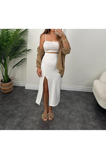 AYSİ COLLECTİON Lycra Midi Length Pencil Skirt White