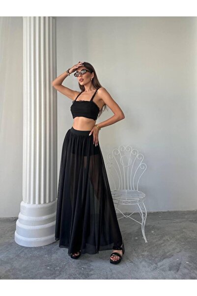 LOVE GO Elegant Gathered Crop and Tulle Maxi Skirt Set