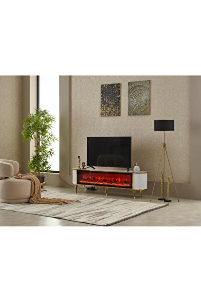 LORA MOBİLYA Dekoratif Elektrikli Yapay Şömine Tv Ünitesi 180 Cm X 52 Cm Kuma...