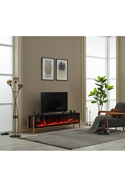 LORA MOBİLYA Dekoratif Elektrikli Yapay Şömine Tv Ünitesi 195 Cm X 52 Cm Kuma...