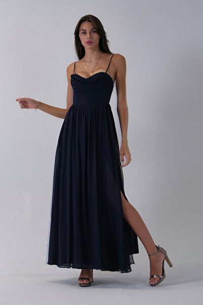 Feminist Askılı Drapeli Uzun Şifon Abiye Lacivert 08020032