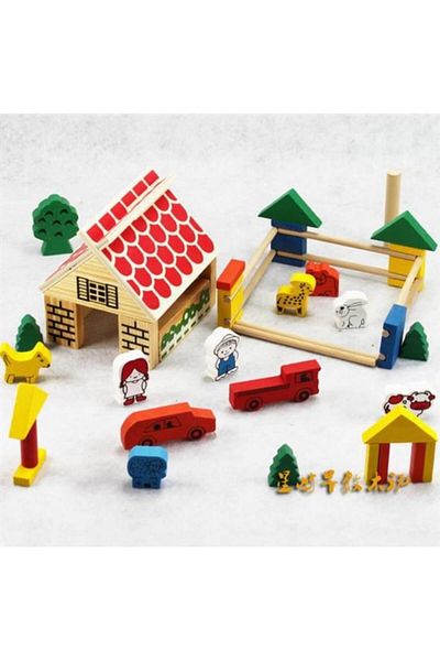 Wooden Toys Set de blocuri de construcție din lemn - Fermă