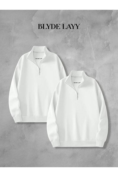 BLYDE LAYY White Plain Unprinted 3 Thread Half Zipper Double Sweatshirt Lover Couple Combination