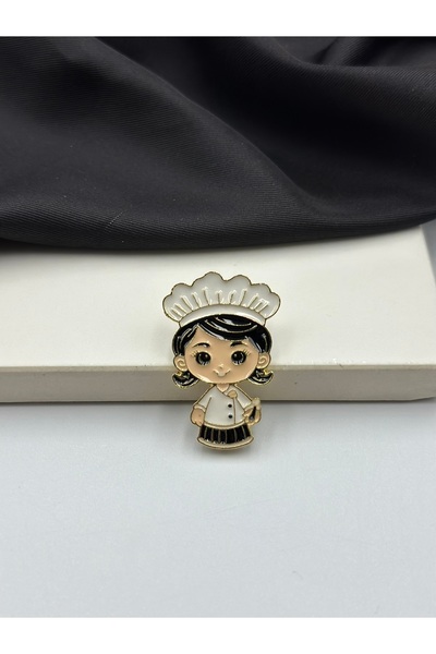 Unzilee Kadın Aşçı Gastronomi Mutfak Figürlü Beyaz Mineli Meslek Broşu Yaka İğnesi