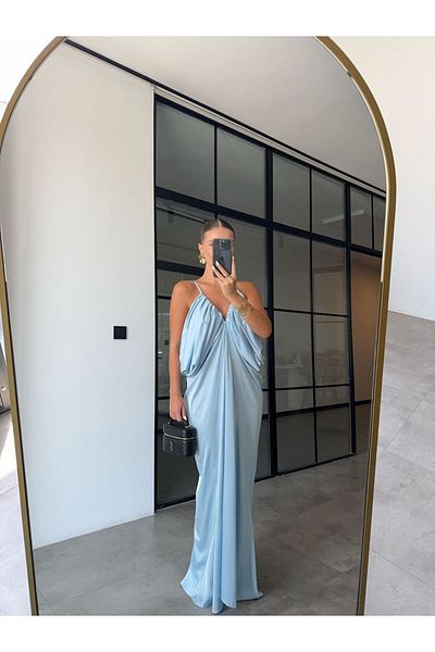 BB Bensu Buyruk Side Decocked Dress in Blue Satin