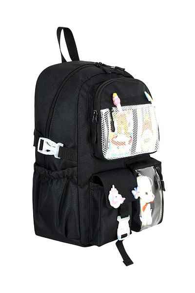 KAFF Black Korean Style Multi-Pocket Primary School Children's Backpack with Teddy Bear Accessories -25001