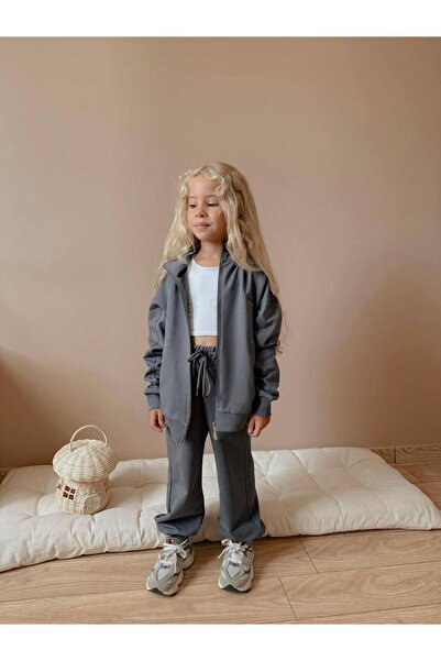 RAPAPA Girl's Zippered Tracksuit Set - Gray Color (Set of 2) 0108