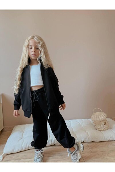 RAPAPA Girl's Zippered Tracksuit Set - Black Color (Set of 2) 0108