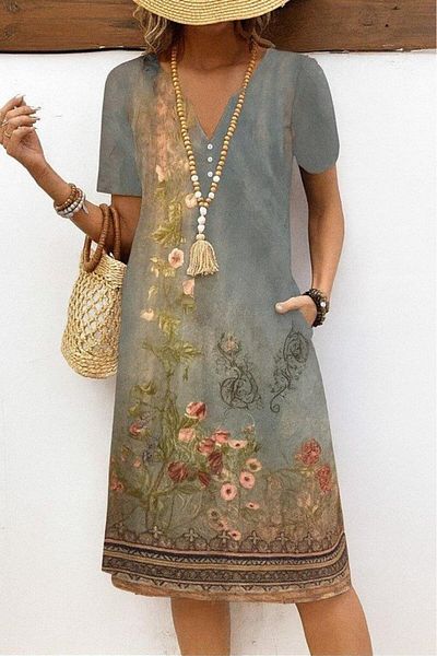 modamtn Women's Short Sleeve V Neck Patterned Single Jersey Dress