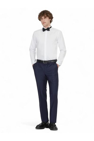 Kip White Plain Slim Fit Double Cuff Turtle Collar Tuxedo Shirt