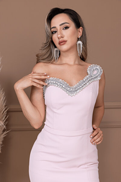 BEYBOS Atlas Kumaş Taş Detaylı Kalem Elbise - PUDRA