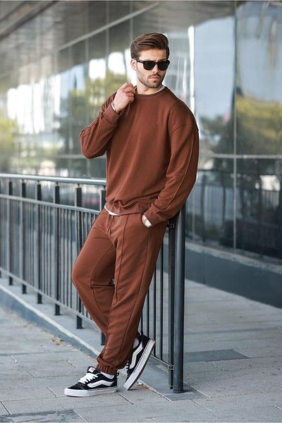 Madmext Bitter Brown Crew Neck Basic Men's Tracksuit Set E7323