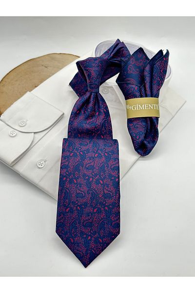 Gutiero Navy Blue Red Shawl Patterned Classic Tie with Handkerchief
