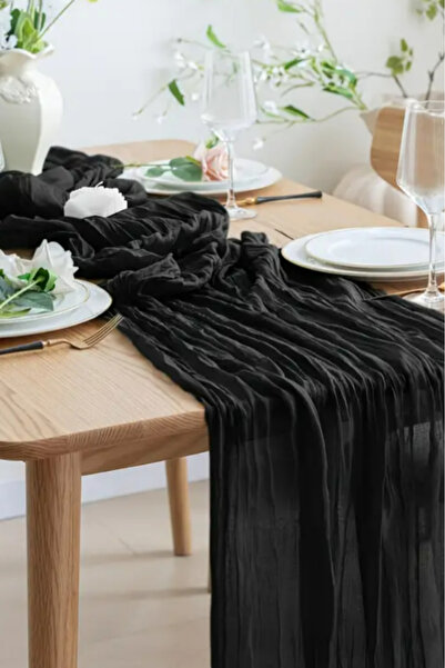 Hobi Goom مفرش طاولة بوهيمي من الشيفون الأسود مع نسيج مجعد |   180x80 سم