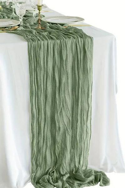 Hobi Goom Rustic Green Chiffon Draped, Wrinkled Textured Decorative Fabric Bohemian Table Runner |   180X80Cm