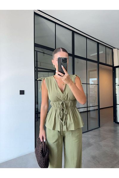BB Bensu Buyruk Shoulder Pull-Khaki Linen Set