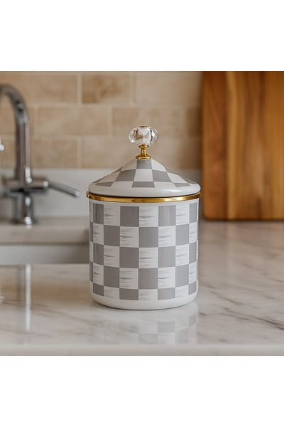 morponi Enamel 3-Piece Gray-White Checkered Premium Jar Set 14 cm