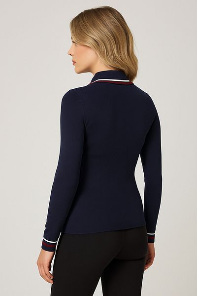 ASEZ BUTİK Women's Navy Blue Polo Neck Sweater - Long Sleeve, Stripe Detail