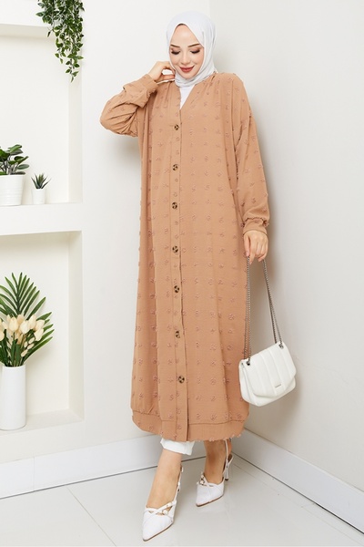 Bestenur V Yaka Ponpon Detaylı Düğmeli Kap 1582 - Vizon