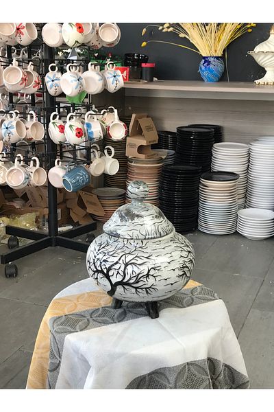 RGS HOMELİFE Black and White Tree Patterned Handmade Ceramic Flower Pot – Multi-Purpose Flower Pot with Lid & Foot