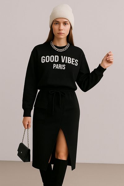 Machetta Women's Sweatshirt Slit Skirt Detailed Bottom Top Double Set