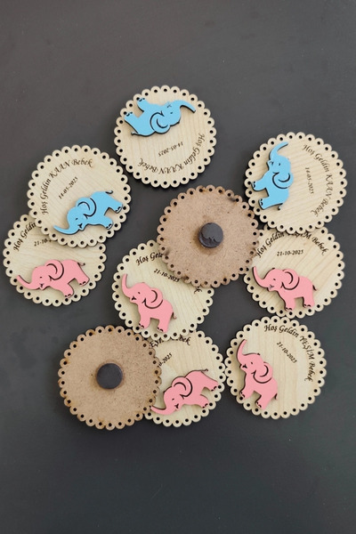 Kutaydan Cute Elephant Patterned Welcome Wooden Baby Magnet Blue - 20 Pieces
