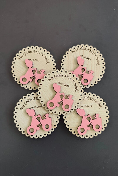 Kutaydan Children's Patterned Welcome Wooden Baby Magnet with Bicycle Pink - ...