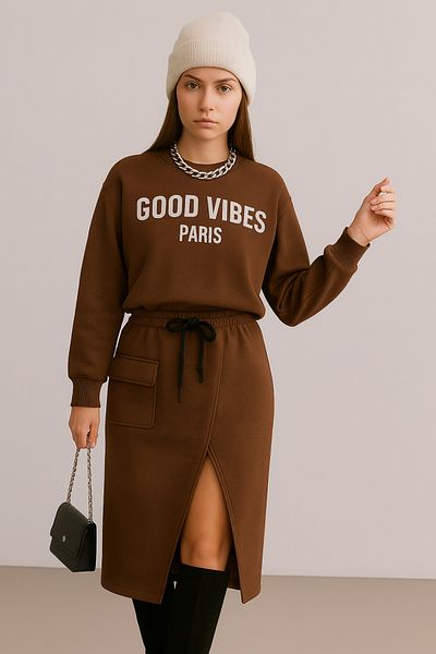 Machetta Women's Sweatshirt Slit Skirt Detailed Bottom Top Double Set