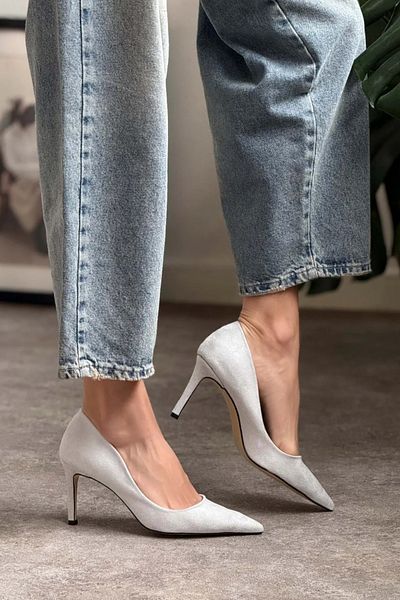 NİŞANTAŞI SHOES Melody Stone Gray Suede 8 cm Pointed Toe Thin Heeled Women's Stiletto