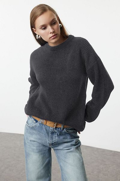 Trendyol Collection Anthracite Wide Fit Ribbed Soft Textured Knitwear Sweater Twoaw25Kz00342