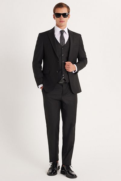 Tudors Men's Slim Fit Black Stretchy Lycra Fabric Pointed Collar Vest Suit