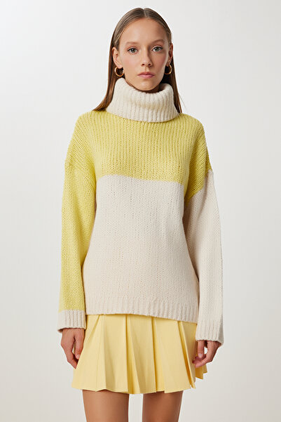 Happiness İstanbul Kadın Sarı Kemik Kontrast Renkli Oversize Triko Kazak NV00079