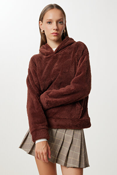 Happiness İstanbul Дамски кафяв полар с качулка и джоб ZV00344