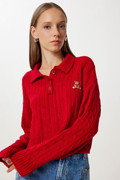 Happiness İstanbul Women's Red Polo Neck Teddy Bear Embroidered Knitwear Sweater Kh00102