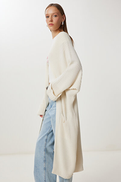 Happiness İstanbul Women's Bone Pocket Long Knitwear Cardigan Yg00108