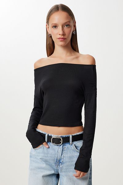 Happiness İstanbul Women's Black Gathered Boat Neck Crop Blouse Ub00422