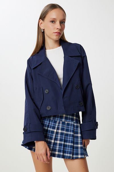 Happiness İstanbul Trench scurt pentru damă, albastru bleumarin, cu guler dublu KT00029