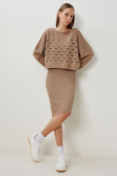 Happiness İstanbul Women's Mink Knitwear Sweater Dress Suit Yg00110